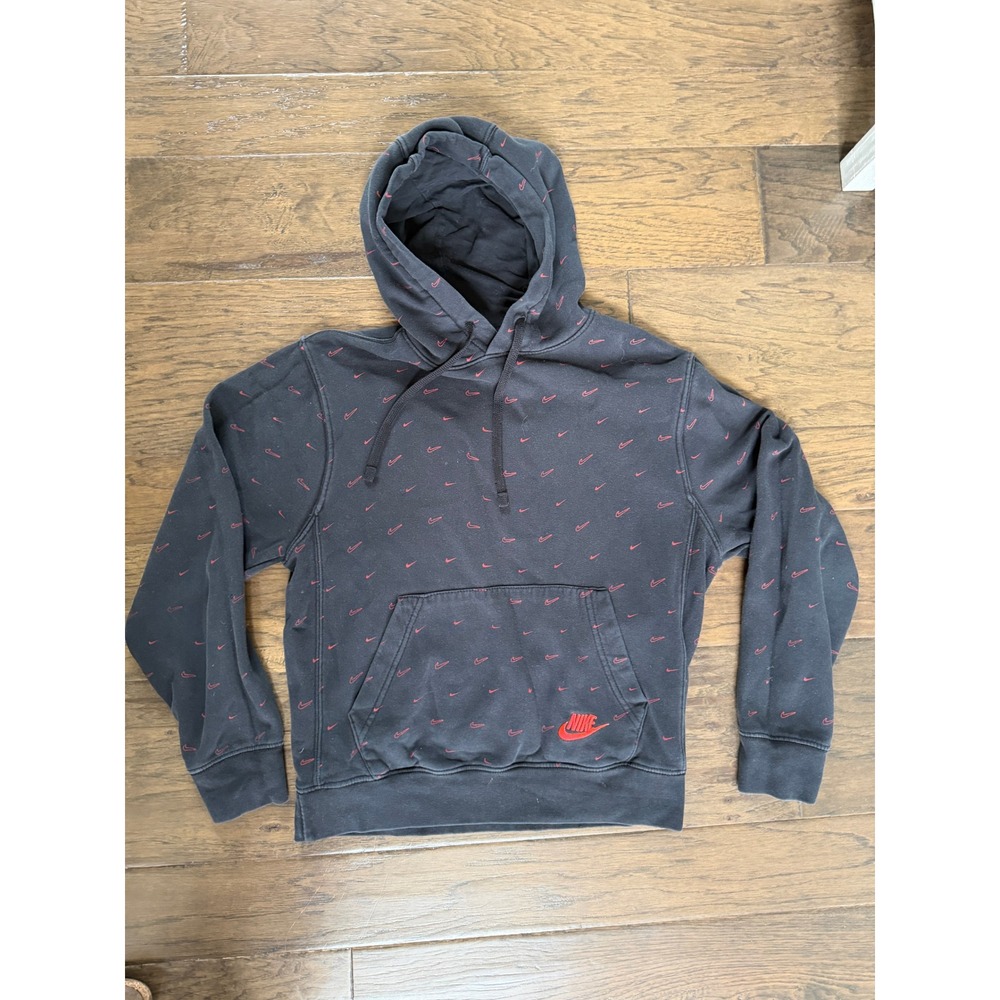 Nike Mens All Over Print Swoosh Hoodie Black Red Pullover Sweatshirt‎ Small